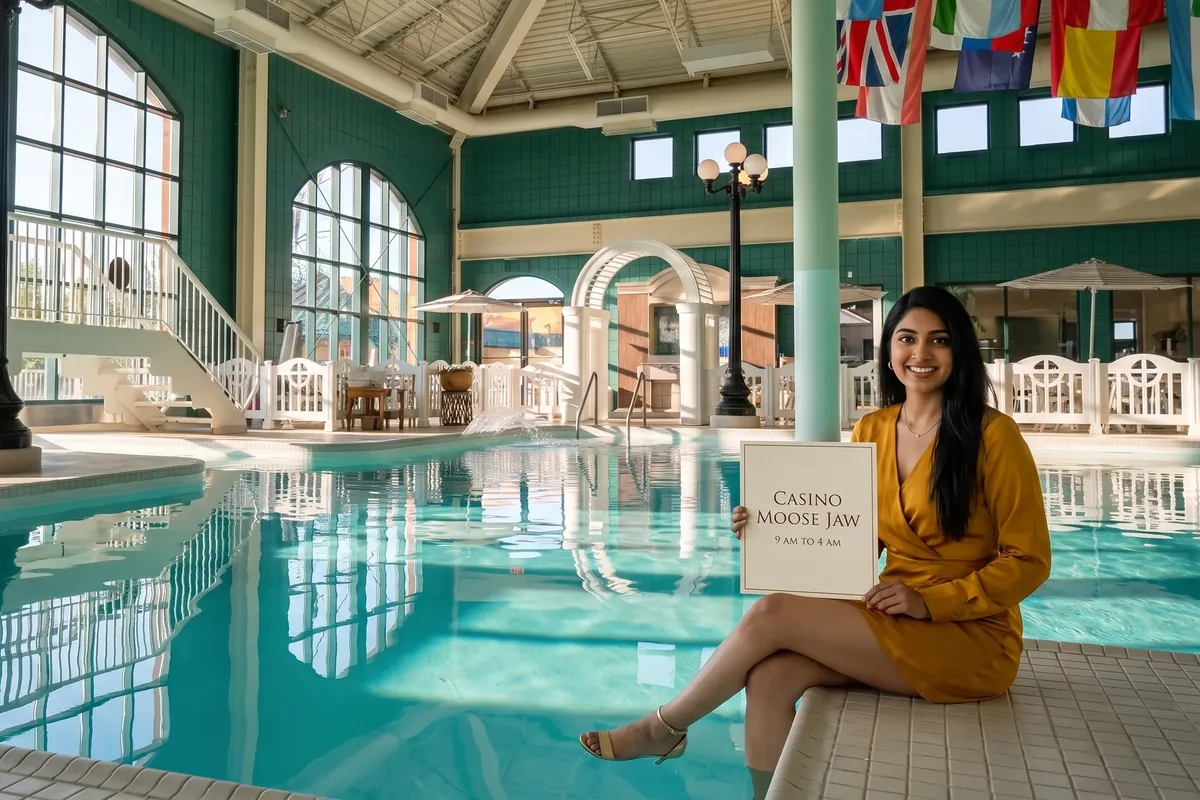 A woman with a casino hours card by the pool