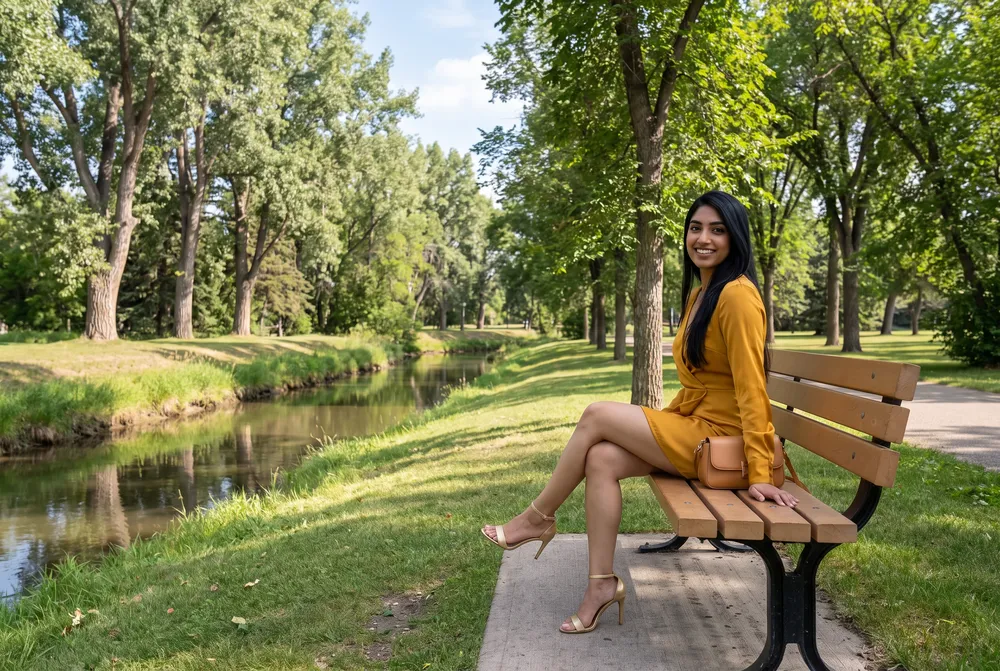 A woman on a park bench by a creek