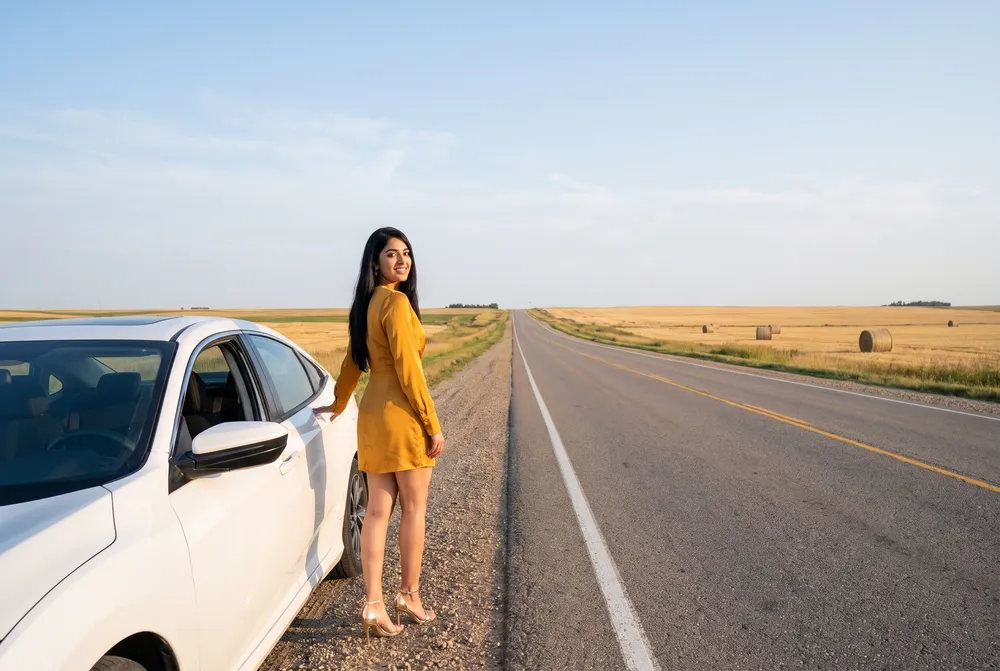 A woman beside a car on a prairie highway